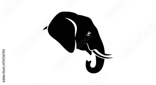 A silhouette of an elephant's head facing left, presented in stark black and white.