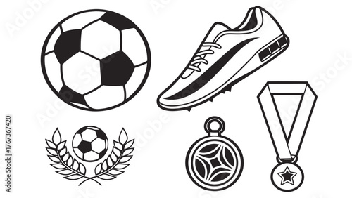 Illustration of a soccer ball, shoe, and medal, symbolizing sports, achievement, and competition in a minimalist and graphic style