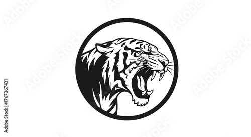 A fierce tiger's head is depicted in a bold, graphic circle.