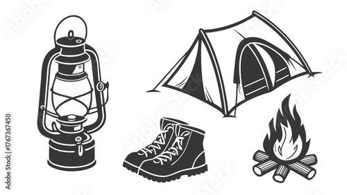 Vector art of illustration set featuring camping essentials, including a vintage lantern, a tent, hiking boots, and a crackling campfire, perfect for outdoor adventure themes