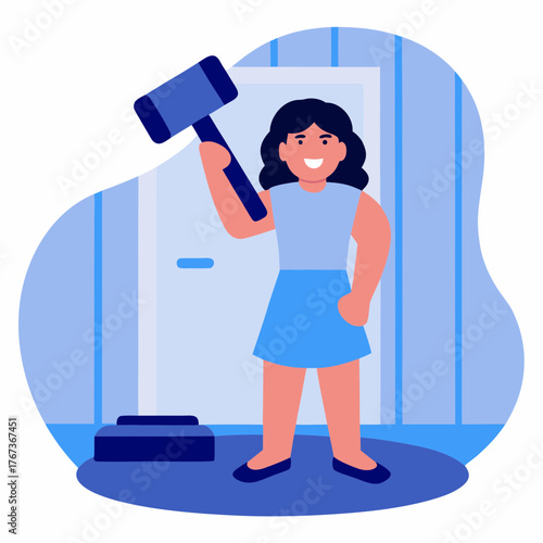 Young woman smiling while holding a sledgehammer in a simple interior - Concept of construction and repair  
