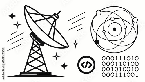 Vector art of a satellite dish transmits signals, an atom orbits, and binary code streams, a captivating glimpse into the world of technology and scientific exploration