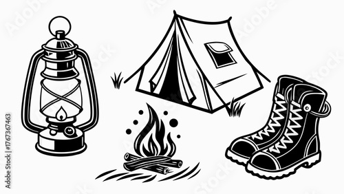 Vector art of a monochrome illustration showcasing camping gear, it features a lantern, a tent, a campfire, and hiking boots, all rendered in black and white, evoking outdoor adventures
