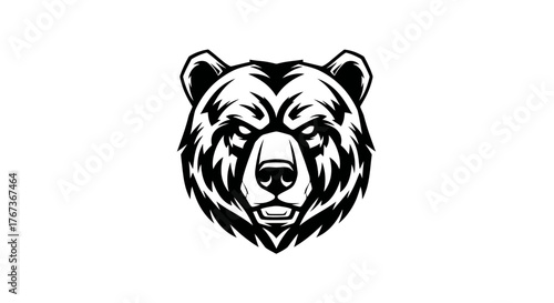 A stylized black and white illustration of a fierce bear's head on a white background.