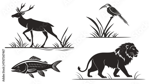 Vector art of nature illustration set featuring a deer, bird, fish, and lion in natural settings, capturing the wild essence of wildlife in a serene composition