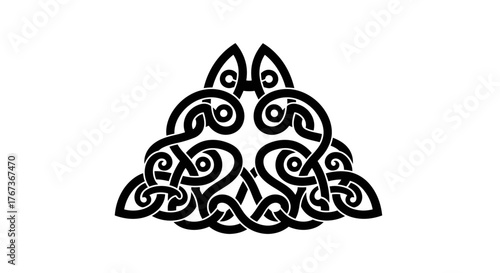 Intricate black Celtic knotwork design forms a symmetrical triangular pattern on a white background.