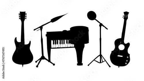Vector art of silhouette of musical instruments including guitars, a piano, and microphones represents music, performance, and artistic expression