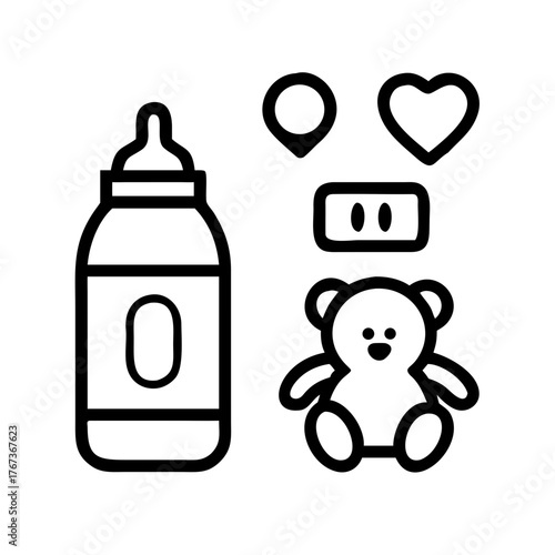 Vector art of a delightful illustration showcasing a baby bottle with a nipple, a location pin, a heart, a pacifier, and a teddy bear, symbolizing baby essentials and childhood joys in a simple design