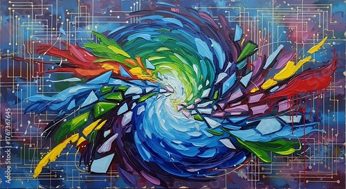 Vibrant Abstract Swirl on Digital Circuit Board Background.