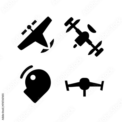 Vector art of collection of four drone icons, featuring various drone designs and perspectives, representing aerial technology, remote control, and modern aviation