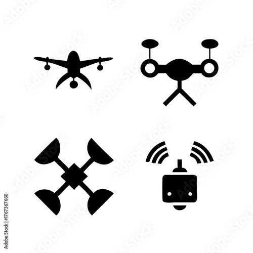 Vector art of set of four drone icons, showcasing diverse drone models and control systems, representing unmanned aerial vehicles, remote operation, and technological advancement