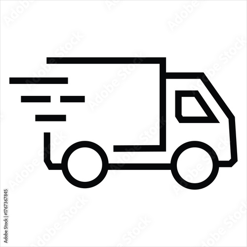 Black outline icon of a moving delivery truck with motion lines on white background Keywords: truck