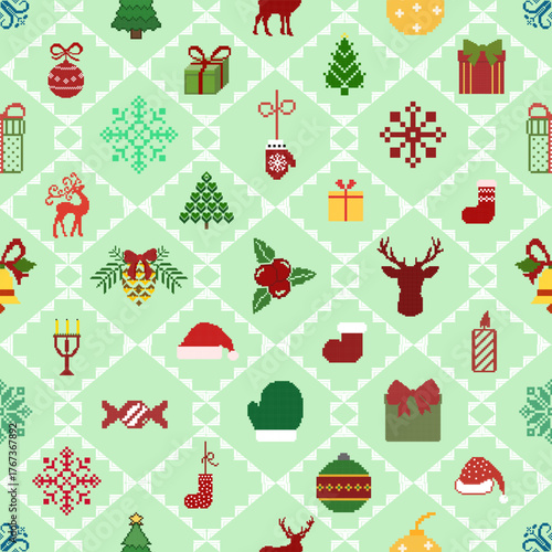 A cute pixel Christmas seamless pattern on a mint green background featuring reindeer, Christmas trees, gifts, mittens, and Santa hats arranged in a geometric layout. Perfect for holiday wrapping.