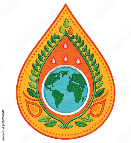 Vibrant Earth emblem with leaves and water drops symbolizing environmental protection and global care for a sustainable future