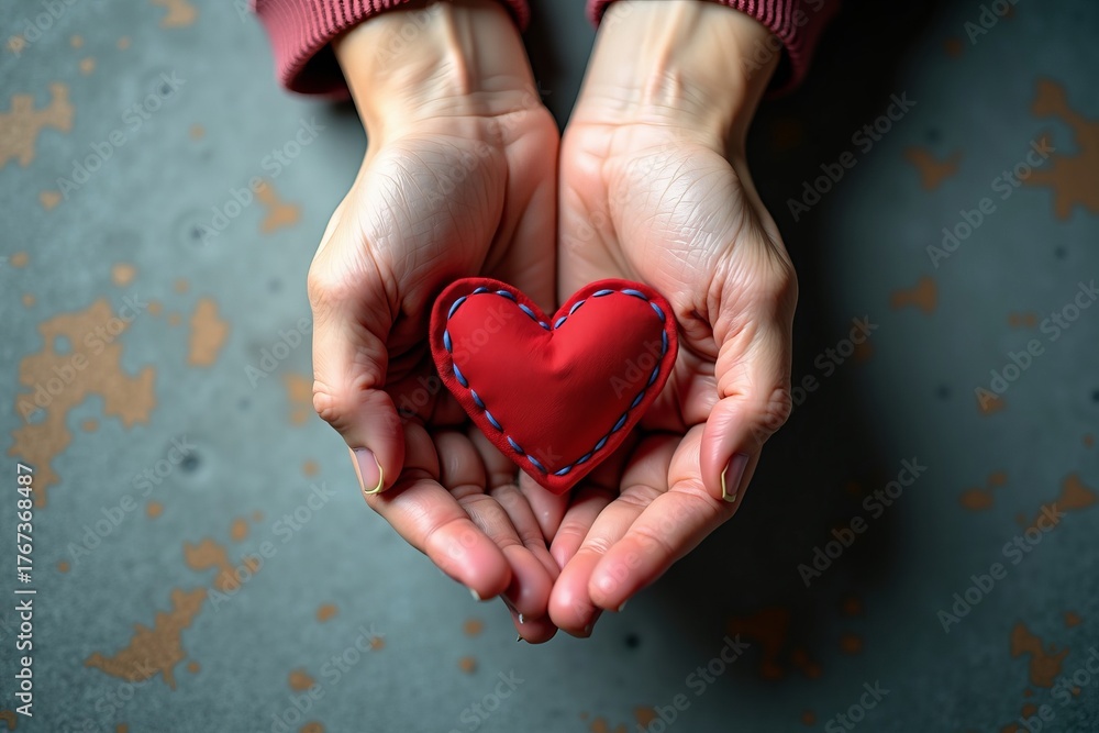 Obraz premium Compassion and charity concept with a person's hands gently holding a red handmade heart. Symbol of love and giving.