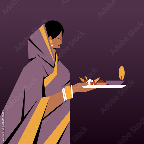 Illustration of a Indian woman holding a pooja plate with offerings such as flowers and a lit Diya