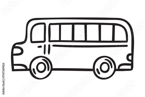 School bus, transport to class, line art school doodle, outline contour, monochrome, hand drawn