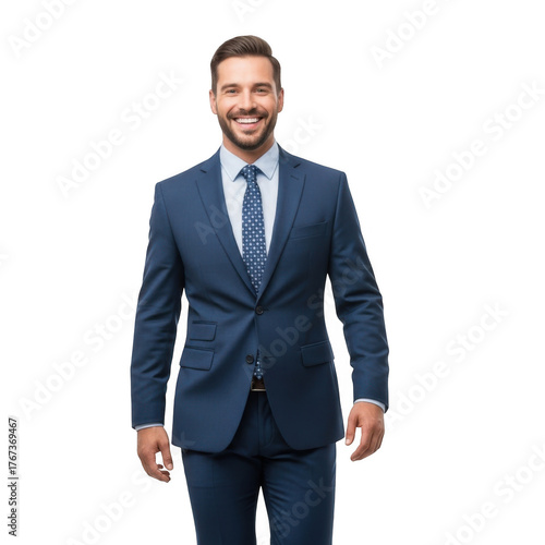 A smiling confident businessman in a dark blue suit and tie standing proudly isolated on transparent background