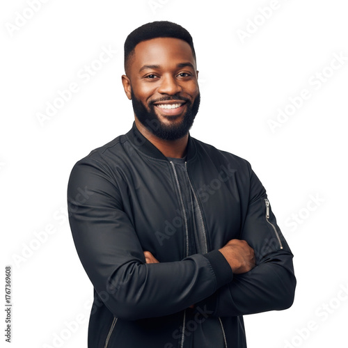 A smiling black man with a beard wearing a black bomber jacket with his arms crossed isolated on transparent background
