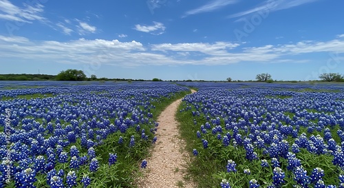 Winding Dirt Path Through a Vibrant Field of Texas Bluebonnets.