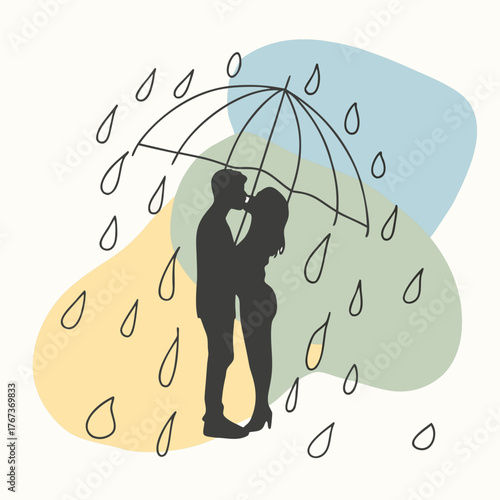 Romantic couple under umbrella in rain vector illustration
