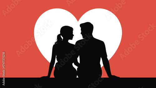 Captivating couple silhouetted against a vibrant heart, symbolizing deep connection and enduring love in a modern, romantic aesthetic.