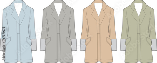 Women's classic long coat technical fashion flat sketch template. Vector illustration of outerwear apparel design in four color variations