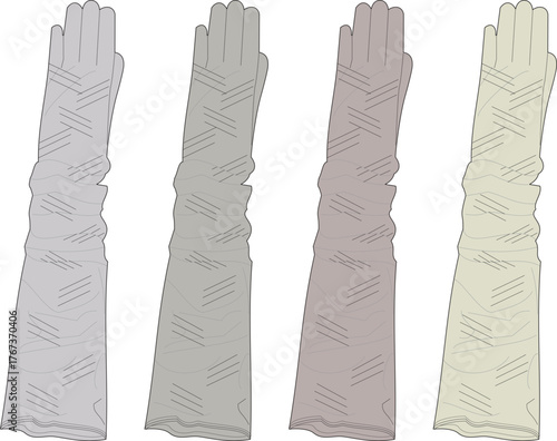 Four elegant, long, patterned, arm-length gloves displayed in a row against a white background, each in a different subtle shade