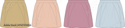 A flat lay collection of stylish women's pleated midi skirts in various pastel colors, perfect for fashion design templates, apparel concepts, and clothing presentations or e-commerce mockups