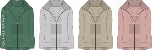 Four fashionable jackets of various colors are displayed in a row, demonstrating design and apparel