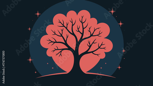 Mystical tree silhouette against dark night sky with glowing stars, symbolizing growth and cosmic connection