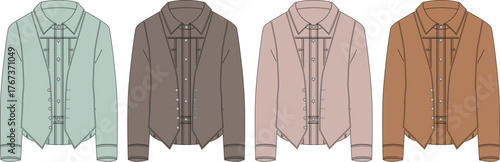 Vector illustrations of four elegant formal shirts with ruffled fronts, displayed in muted colors teal, brown, pink, and terracotta, for fashion design