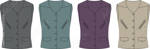 Four different colored vests, presented as illustrations on a white background, each with pockets and a collar