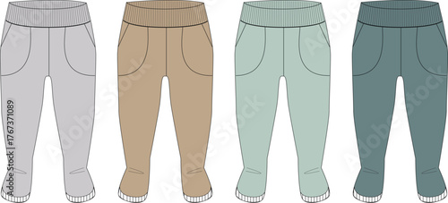 A set of colorful baby and toddler jogger pants. Vector illustration of children's casual sweatpants fashion flat sketch for apparel design