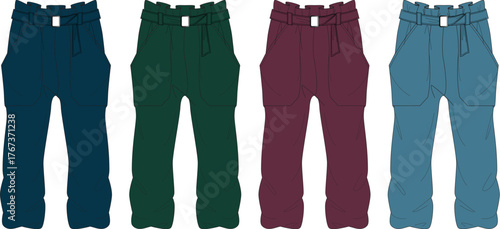 Collection of technical snow pants in various colors. Flat vector illustration of outdoor sports apparel design for winter activities