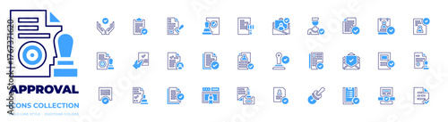 Approval icon collection. Bold line style. Duotone colors. documents, validation, seal certificate, project, appraisal, file, check, cv, stamp, approval, email