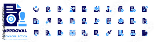 Approval icon collection. Bold style. Duotone colors. documents, validation, seal certificate, project, appraisal, file, check, cv, stamp, approval, email