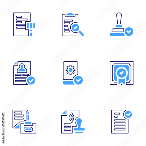 Approval icon set. Bold line style. Duotone colors. Editable stroke. loan, approval, approved, stamp, document, legal document, quality control, phone