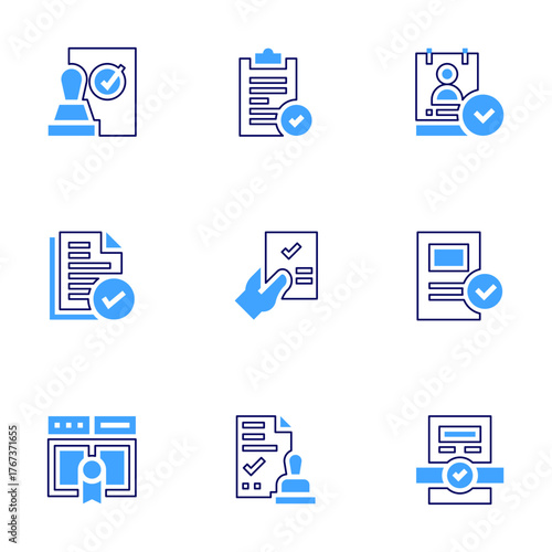 Approval icon set. Bold line style. Duotone colors. Editable stroke. project, check, cv, stamp, approved, approve, web page