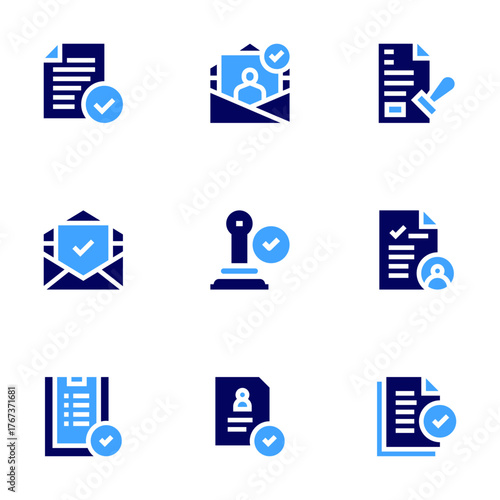 Approval icon set. Bold style. Duotone colors. documents, seal certificate, appraisal, file, approved, approve, email