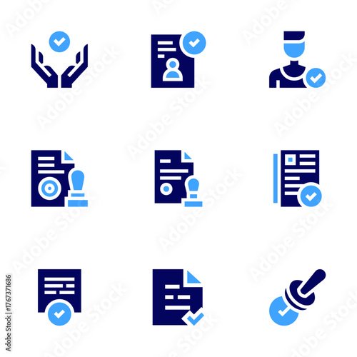 Approval icon set. Bold style. Duotone colors. validation, document, approved, follower, paper, hired, stamp