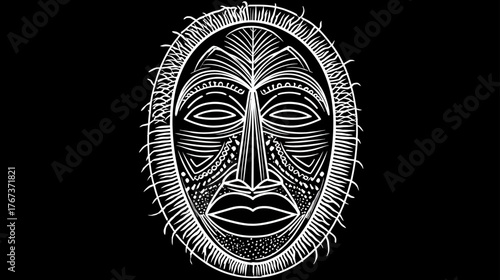Intricate tribal mask line art illustration. Ethnic face design with ancient cultural patterns, white on black background, vector graphic element.
