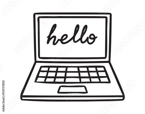 Open laptop with Hello, study and work, line art school doodle, outline contour, monochrome, hand drawn