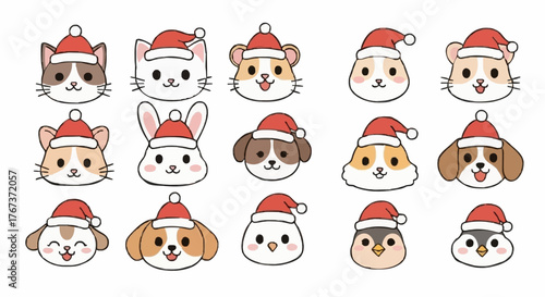 Collection of cute cartoon animal faces wearing Santa hats for Christmas. Set of kawaii pet icons including cat, dog, rabbit, and hamster