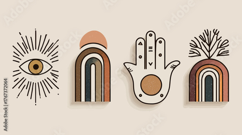 Modern boho aesthetic symbols set with minimalist spiritual eye, Hamsa hand, abstract rainbows, and sun motif in earthy tones