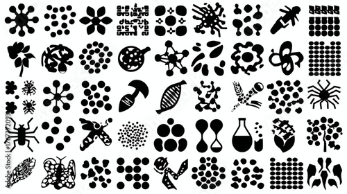 Diverse vector icons set: microbiology, insects, plants, chemical elements, and abstract patterns. Science and nature collection.