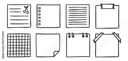 Sticky note paper squares for school planner, doodle set, playful stationery, hand drawn Monochrome line art outline, clean contour style, hand drawn.