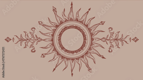 Intricate Vintage Hand-Drawn Sun Ornament Illustration. Elegant Symmetrical Decorative Mandala Design Element with Celestial Rays and Flourishes.