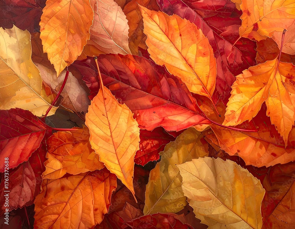 Fototapeta premium Autumn Leaves Close Up with Red Orange and Yellow Tones, High Angle View of Fall Foliage, Natural Pattern of Colorful Leaves, Seasonal Transition