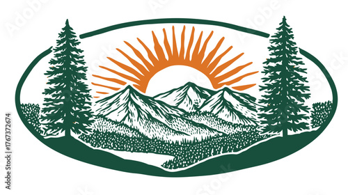Vintage Mountain Landscape Emblem with Pine Trees and Rising Sun. Rustic Outdoor Nature Vista Badge Design, Forest Peaks Illustration.